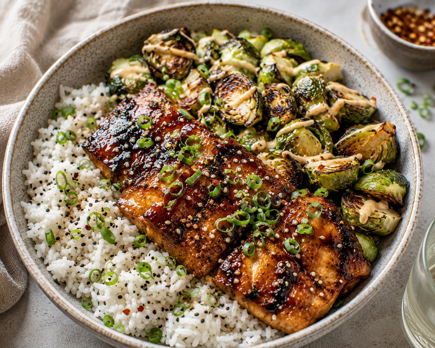 Teriyaki Catfish Brussels and Rice Bowl